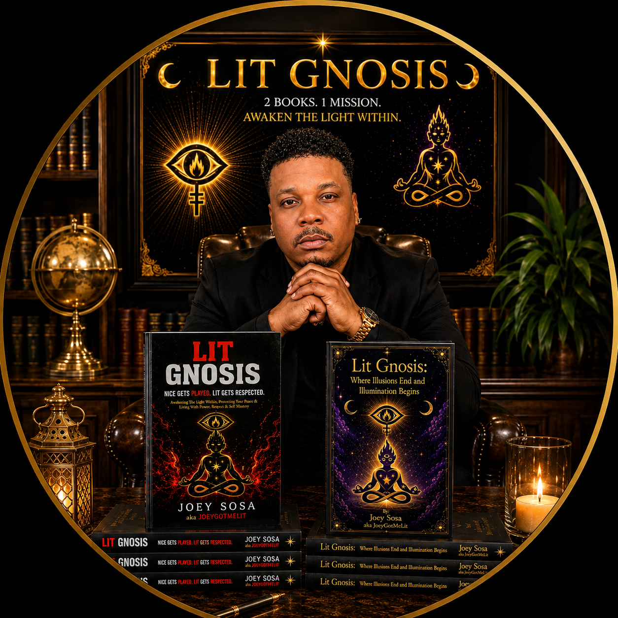 Joey Sosa in a study with the Lit Gnosis books